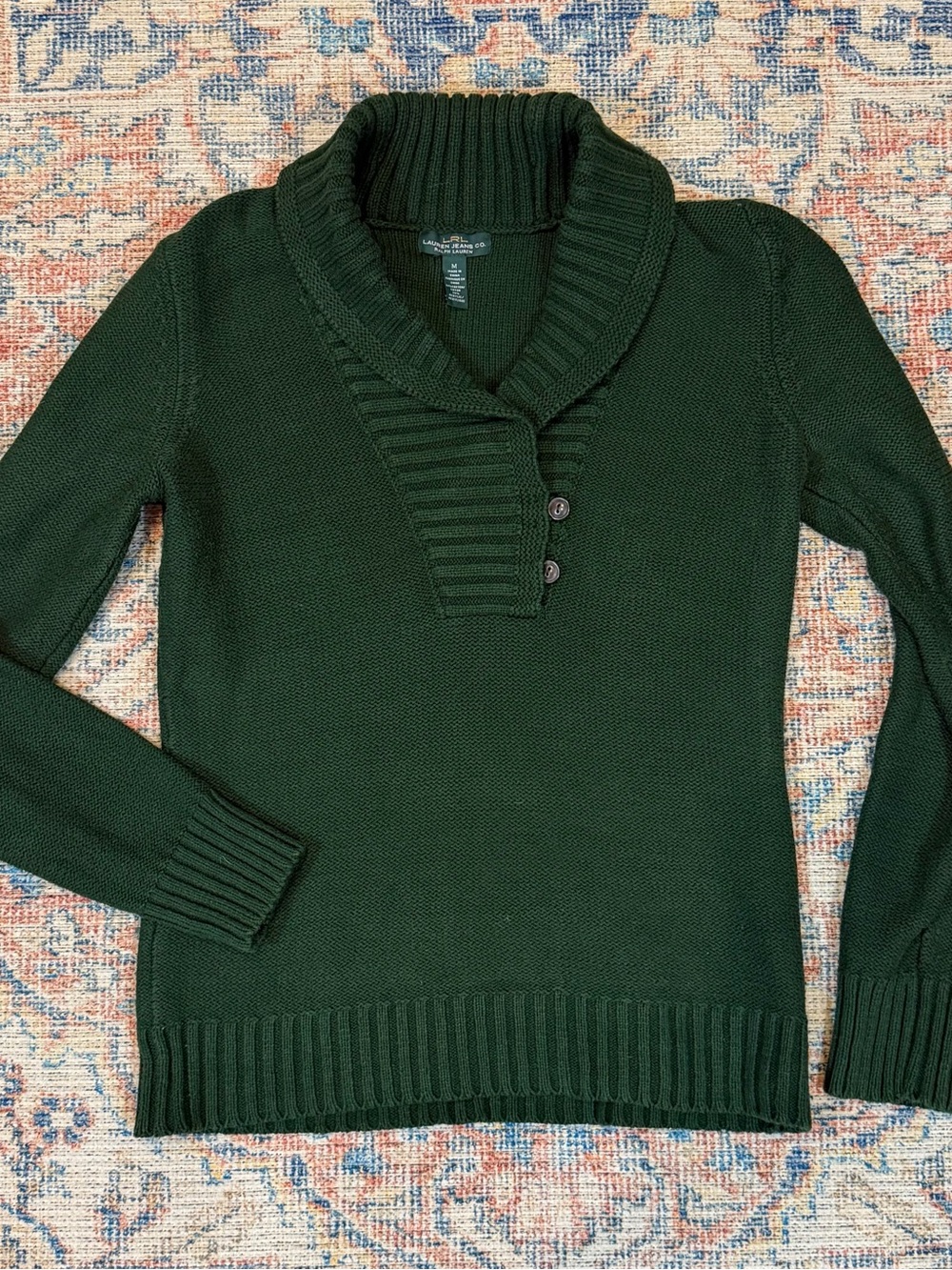 Lauren Jeans Co Ralph Lauren Sweater M Hunter Green Shawl Collar Cotton Blend - Picture 6 of 11
